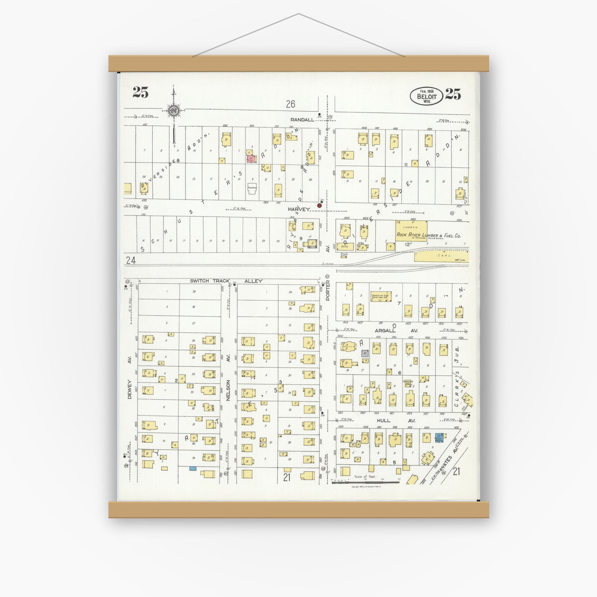 Old map wall art mockup — magnetic wood frame on white wall — Sanborn Fire Insurance Map from Beloit, Rock County, Wisconsin (1926), Sheet #0025