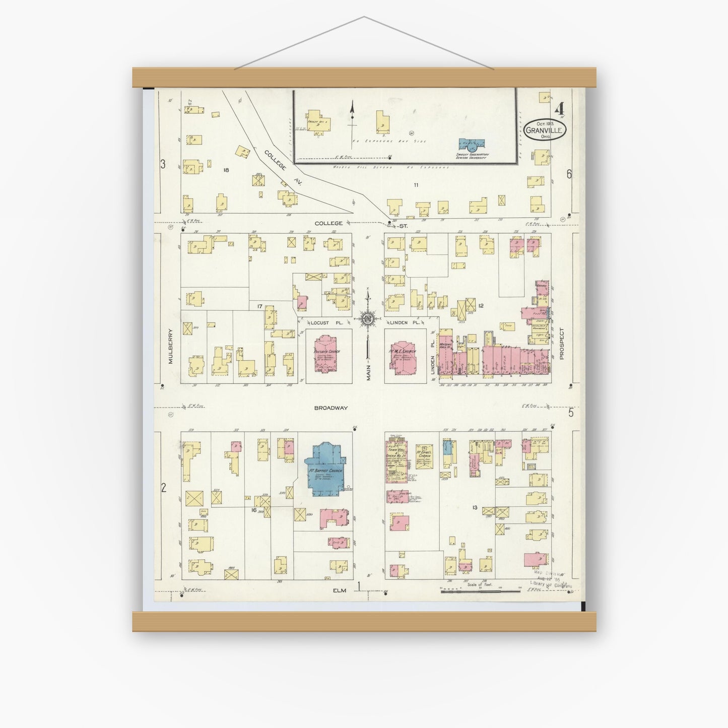 Old map wall art mockup — magnetic wood frame on white wall — Sanborn Fire Insurance Map from Granville, Licking County, Ohio (1913), Sheet #0004