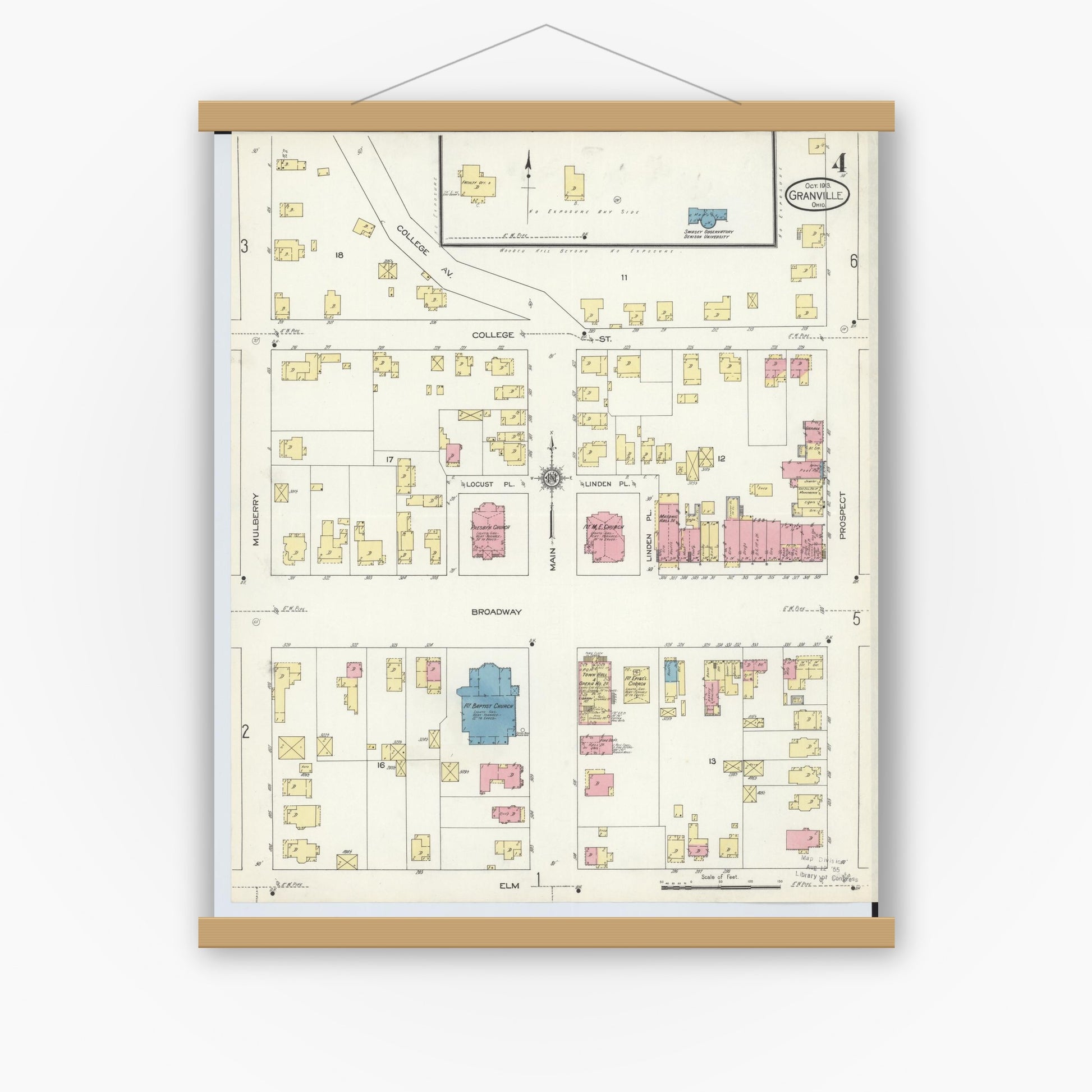 Old map wall art mockup — magnetic wood frame on white wall — Sanborn Fire Insurance Map from Granville, Licking County, Ohio (1913), Sheet #0004