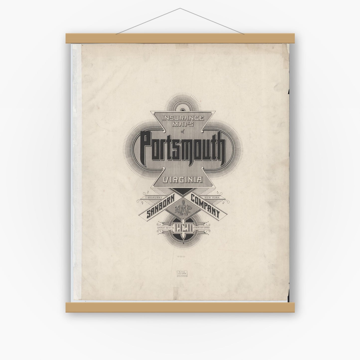 Old map wall art mockup — magnetic wood frame on white wall — Sanborn Fire Insurance Map from Portsmouth, Independent Cities, Virginia (1920), Sheet #0001