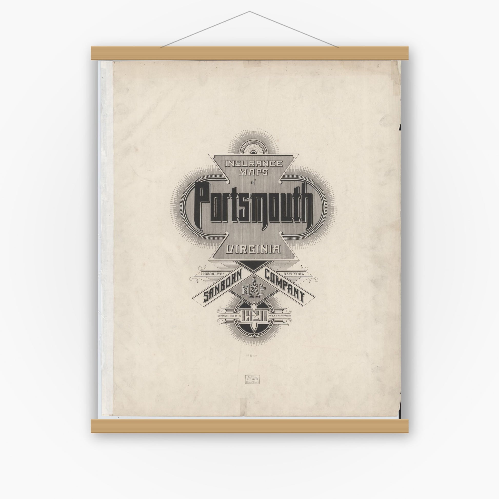 Old map wall art mockup — magnetic wood frame on white wall — Sanborn Fire Insurance Map from Portsmouth, Independent Cities, Virginia (1920), Sheet #0001