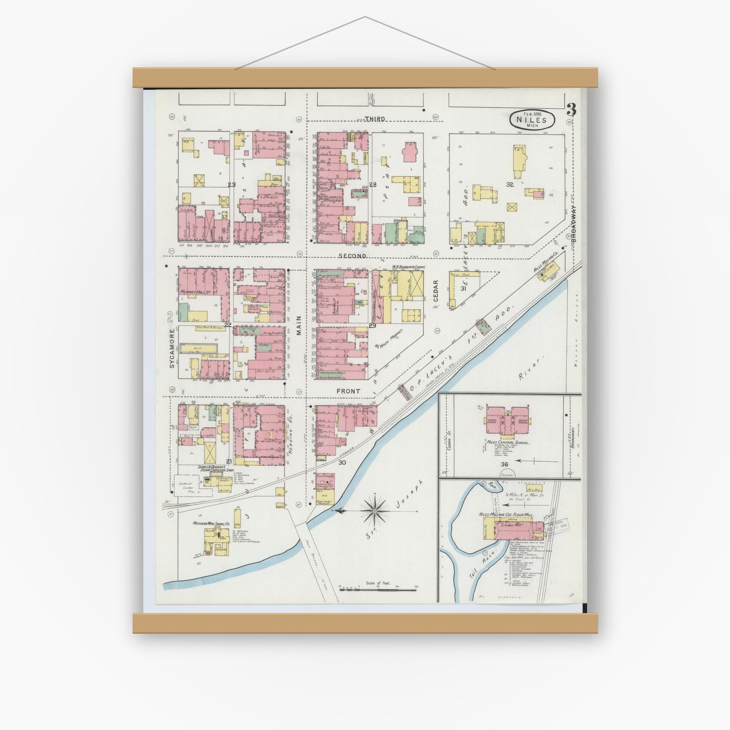 Old map wall art mockup — magnetic wood frame on white wall — Sanborn Fire Insurance Map from Niles, Berrien County, Michigan (1895), Sheet #0003