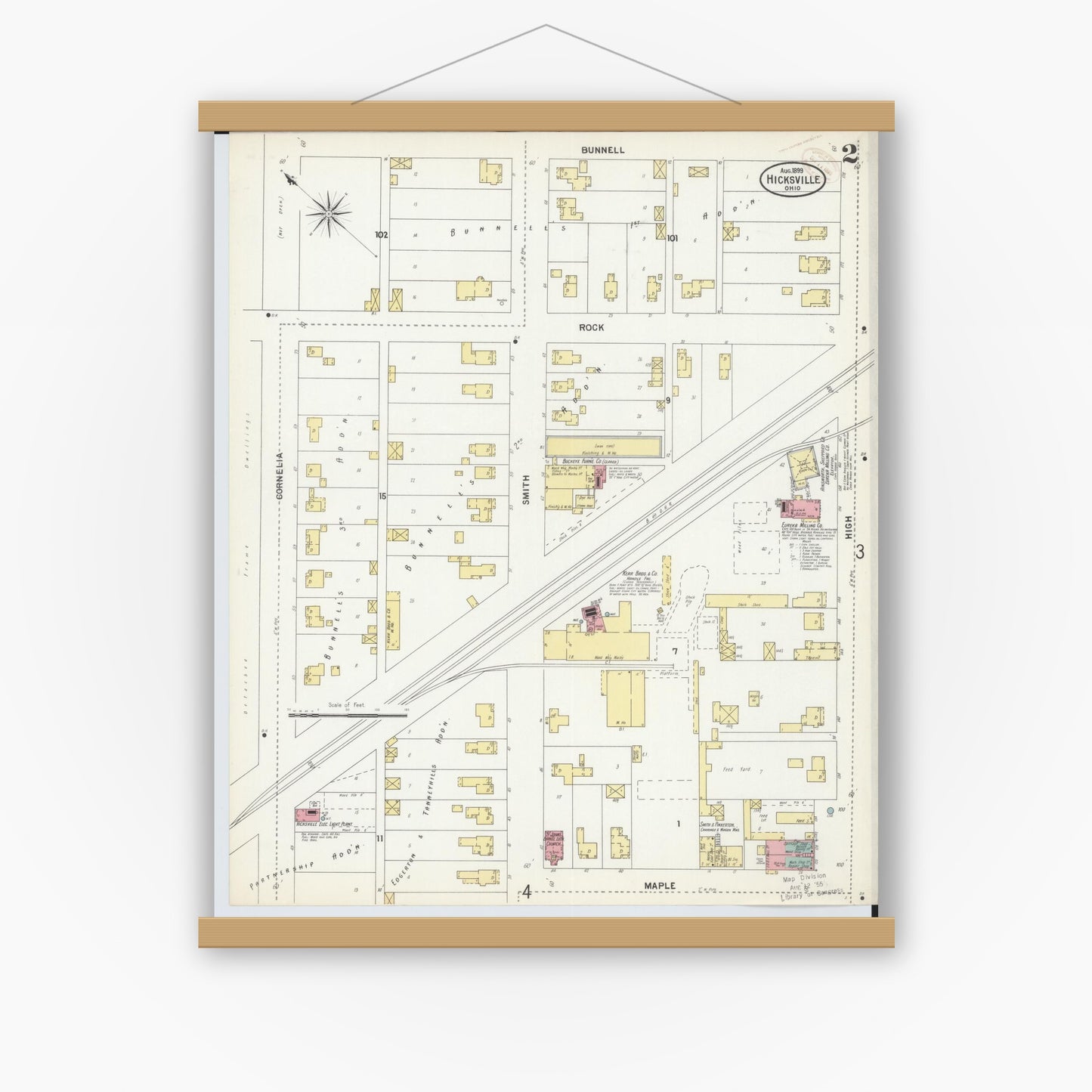 Old map wall art mockup — magnetic wood frame on white wall — Sanborn Fire Insurance Map from Hicksville, Defiance County, Ohio (1899), Sheet #0002