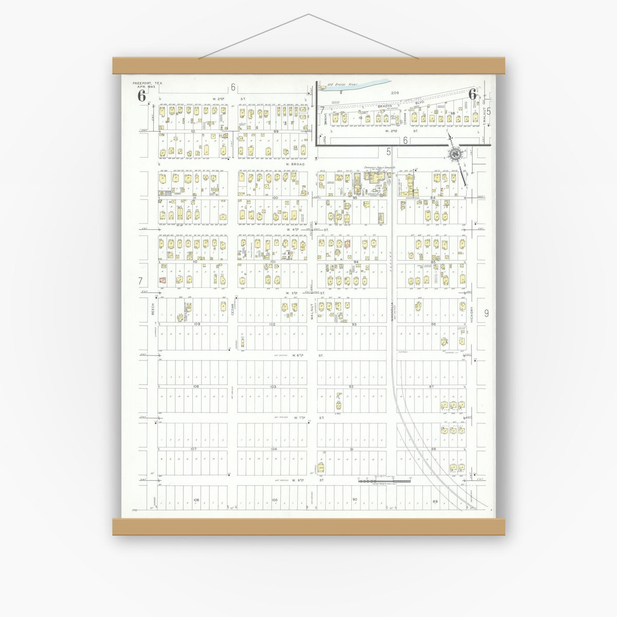 Old map wall art mockup — magnetic wood frame on white wall — Sanborn Fire Insurance Map from Freeport, Brazoria County, Texas (1943), Sheet #0006