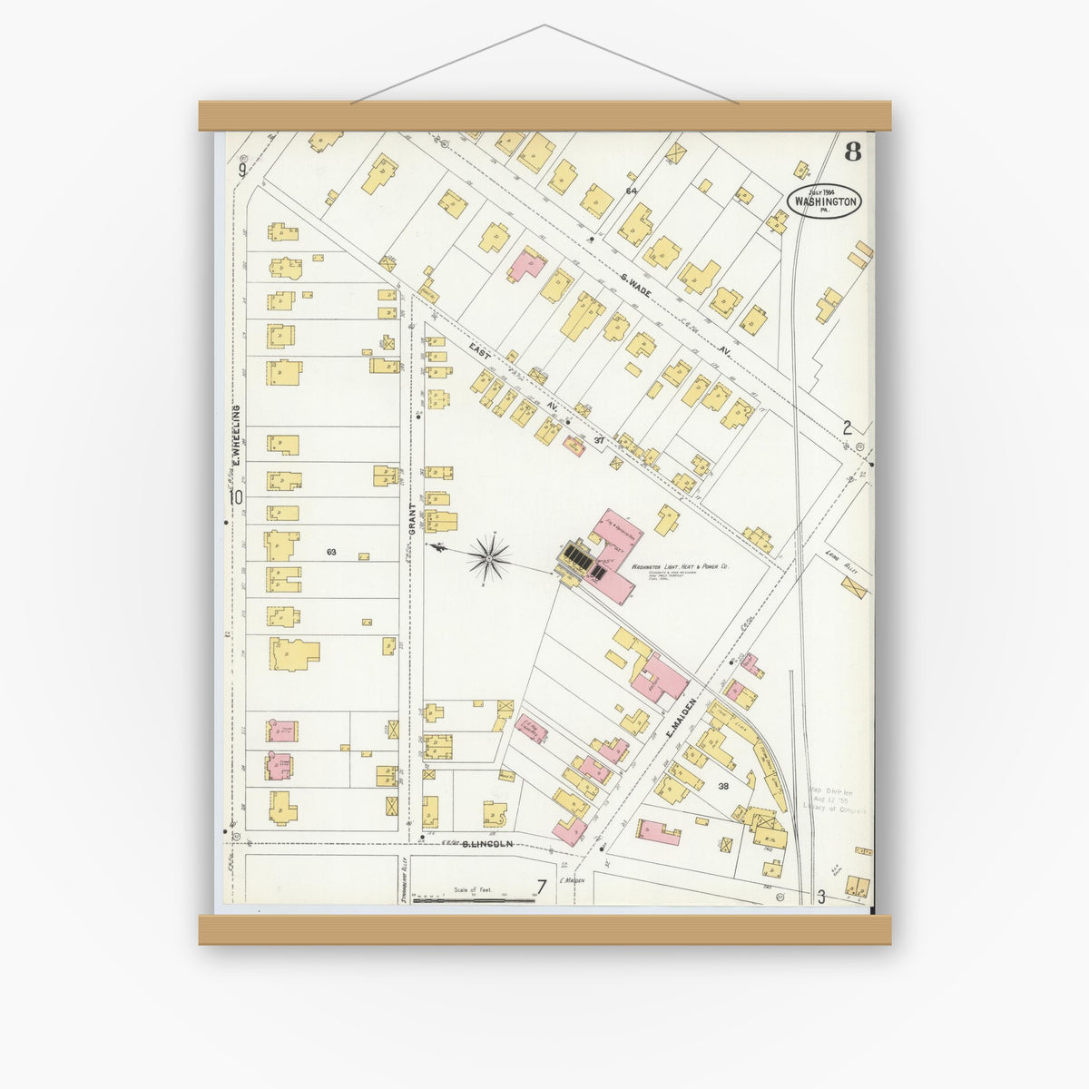 Old map wall art mockup — magnetic wood frame on white wall — Sanborn Fire Insurance Map from Washington, Washington County, Pennsylvania (1904), Sheet #0008