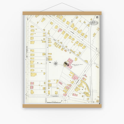 Old map wall art mockup — magnetic wood frame on white wall — Sanborn Fire Insurance Map from Washington, Washington County, Pennsylvania (1904), Sheet #0008