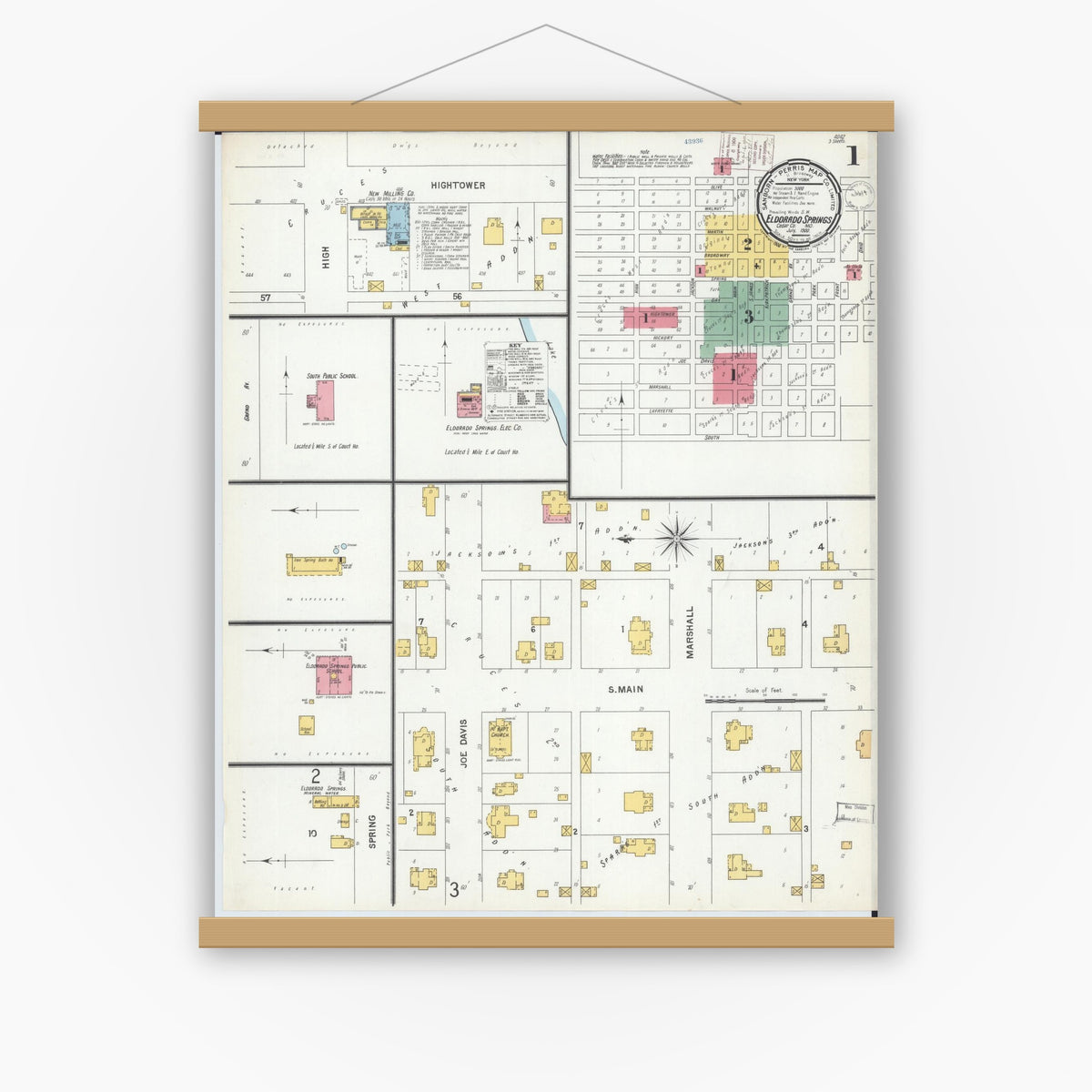 Old map wall art mockup — magnetic wood frame on white wall — Sanborn Fire Insurance Map from Eldorado Springs, Cedar County, Missouri (1900) - Complete Map Set