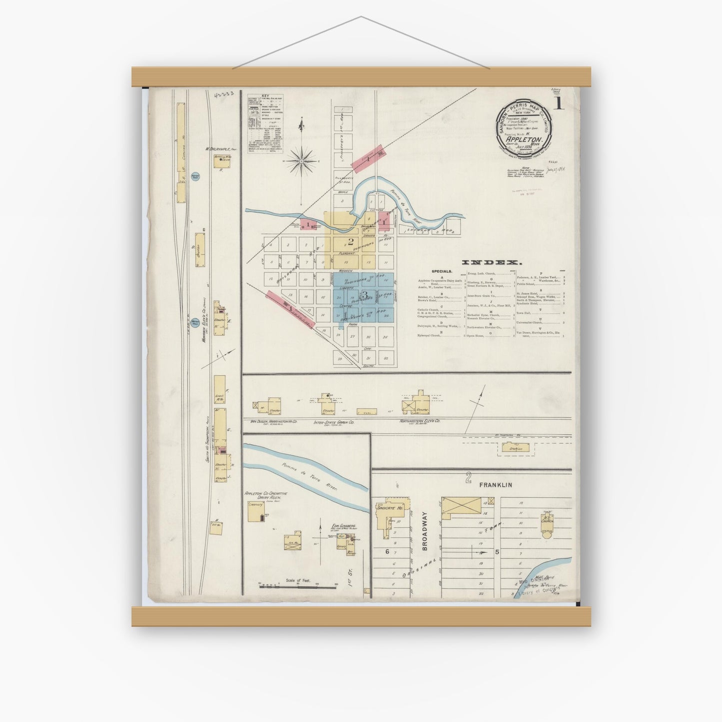 Old map wall art mockup — magnetic wood frame on white wall — Sanborn Fire Insurance Map from Appleton, Swift County, Minnesota (1894) - Complete Map Set