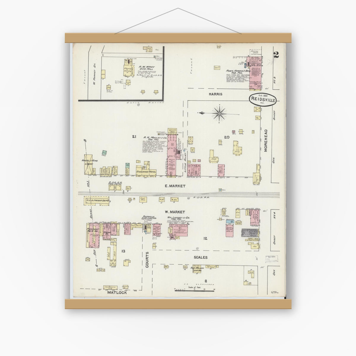 Old map wall art mockup — magnetic wood frame on white wall — Sanborn Fire Insurance Map from Reidsville, Rockingham County, North Carolina (1890), Sheet #0002