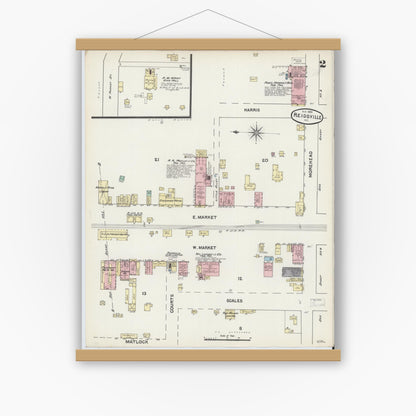 Old map wall art mockup — magnetic wood frame on white wall — Sanborn Fire Insurance Map from Reidsville, Rockingham County, North Carolina (1890), Sheet #0002