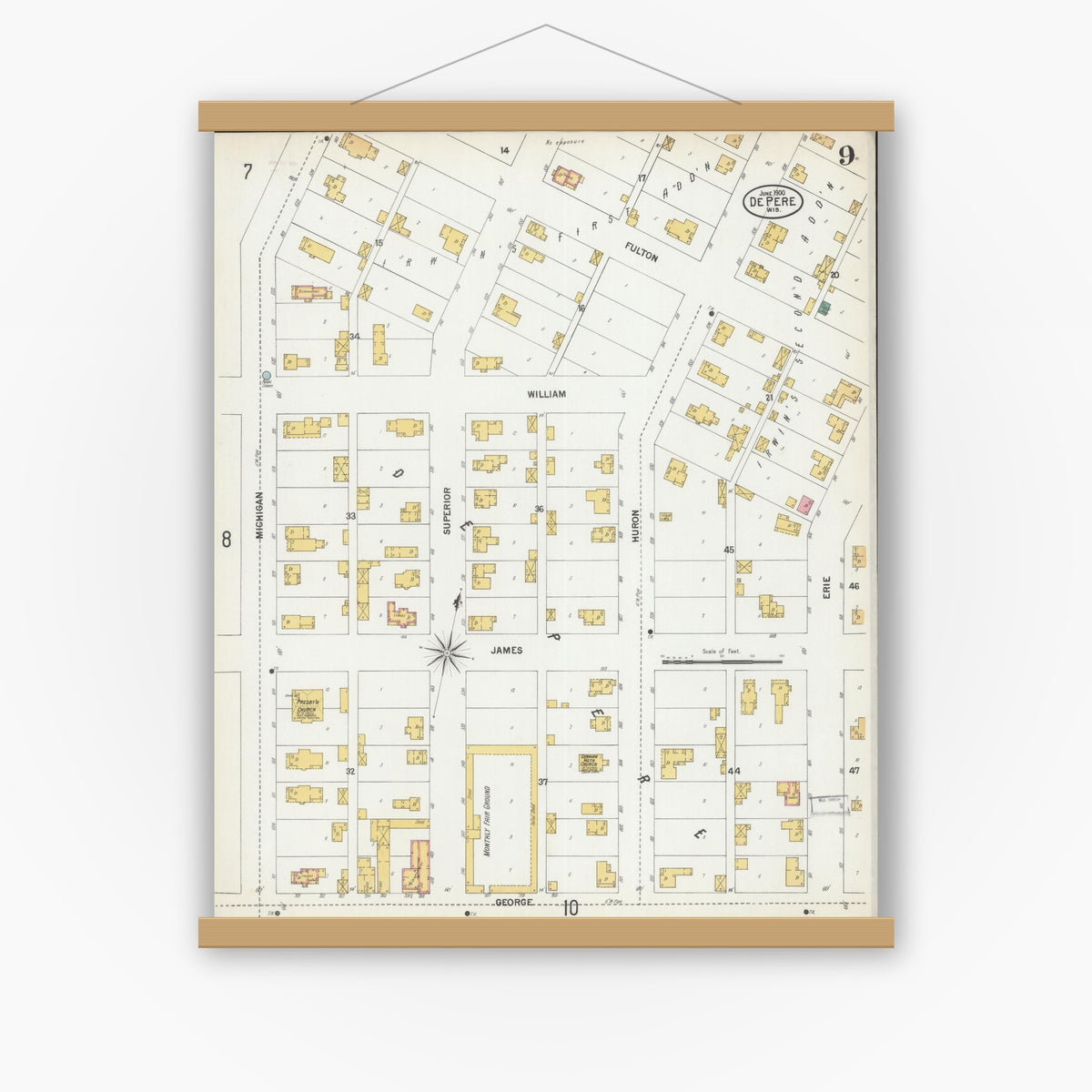 Old map wall art mockup — magnetic wood frame on white wall — Sanborn Fire Insurance Map from De Pere, Brown County, Wisconsin (1900), Sheet #0009