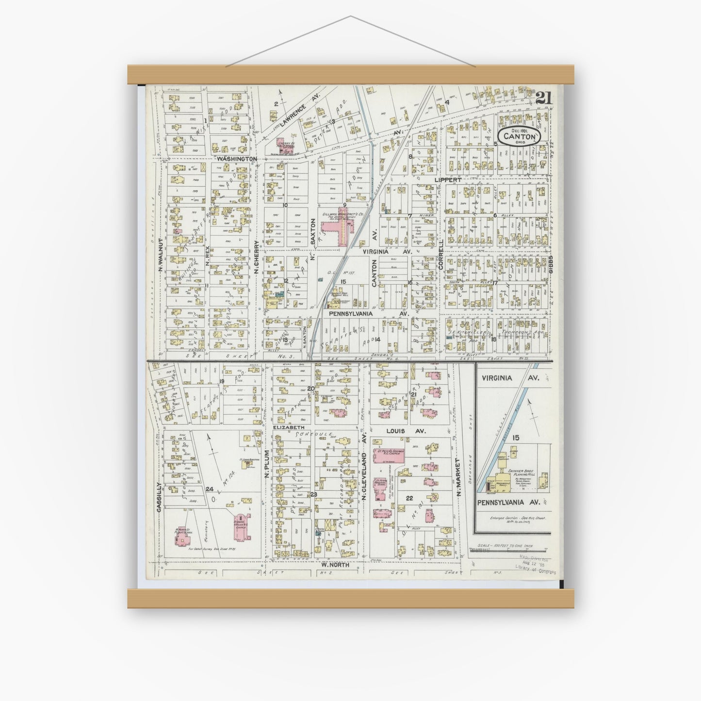 Old map wall art mockup — magnetic wood frame on white wall — Sanborn Fire Insurance Map from Canton, Stark County, Ohio (1891), Sheet #0021