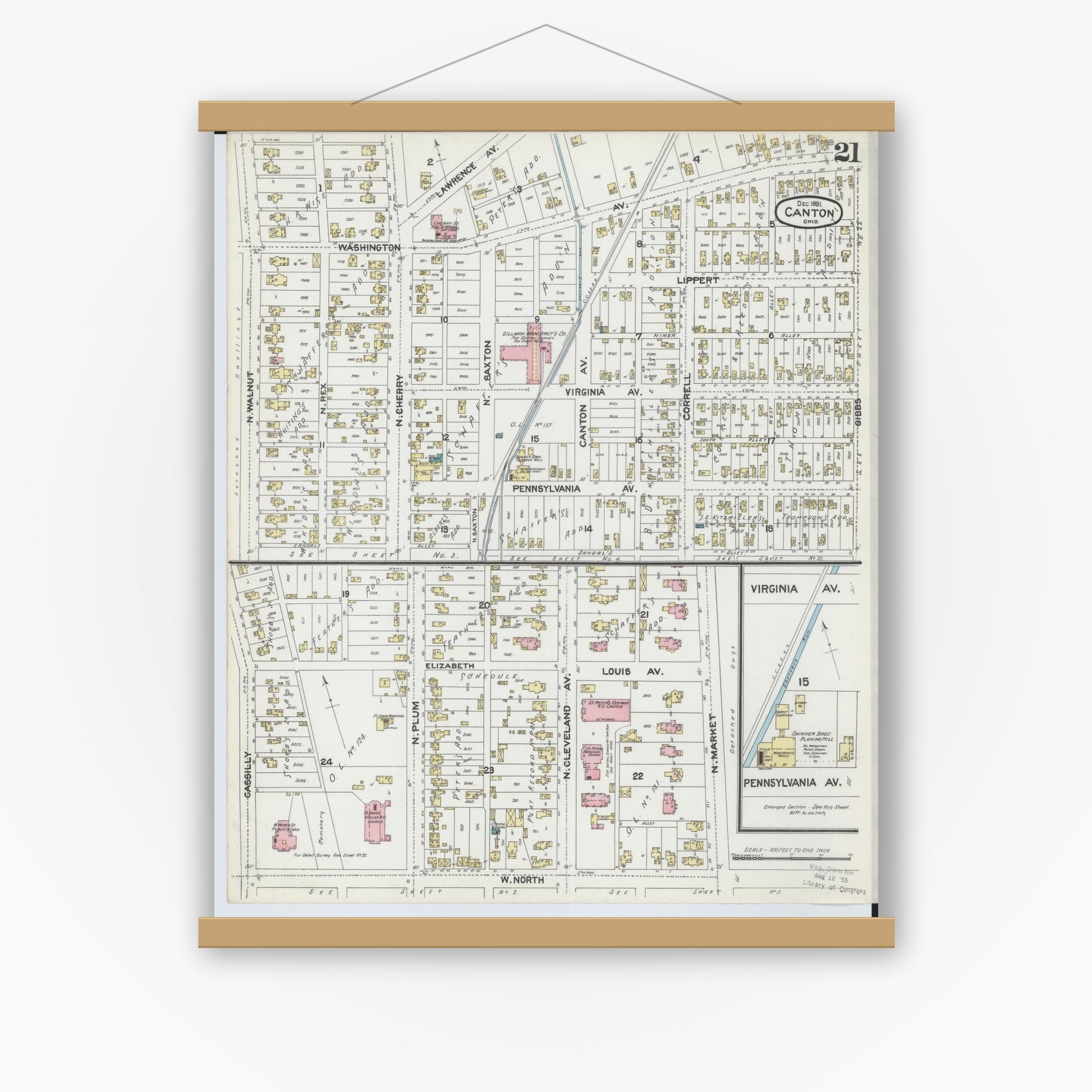 Old map wall art mockup — magnetic wood frame on white wall — Sanborn Fire Insurance Map from Canton, Stark County, Ohio (1891), Sheet #0021