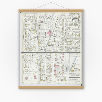 Old map wall art mockup — magnetic wood frame on white wall — Sanborn Fire Insurance Map from Canton, Stark County, Ohio (1891), Sheet #0021