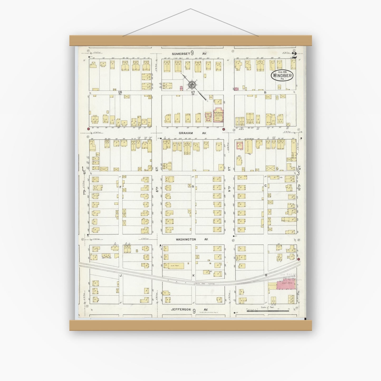 Old map wall art mockup — magnetic wood frame on white wall — Sanborn Fire Insurance Map from Windber, Somerset County, Pennsylvania (1916), Sheet #0002
