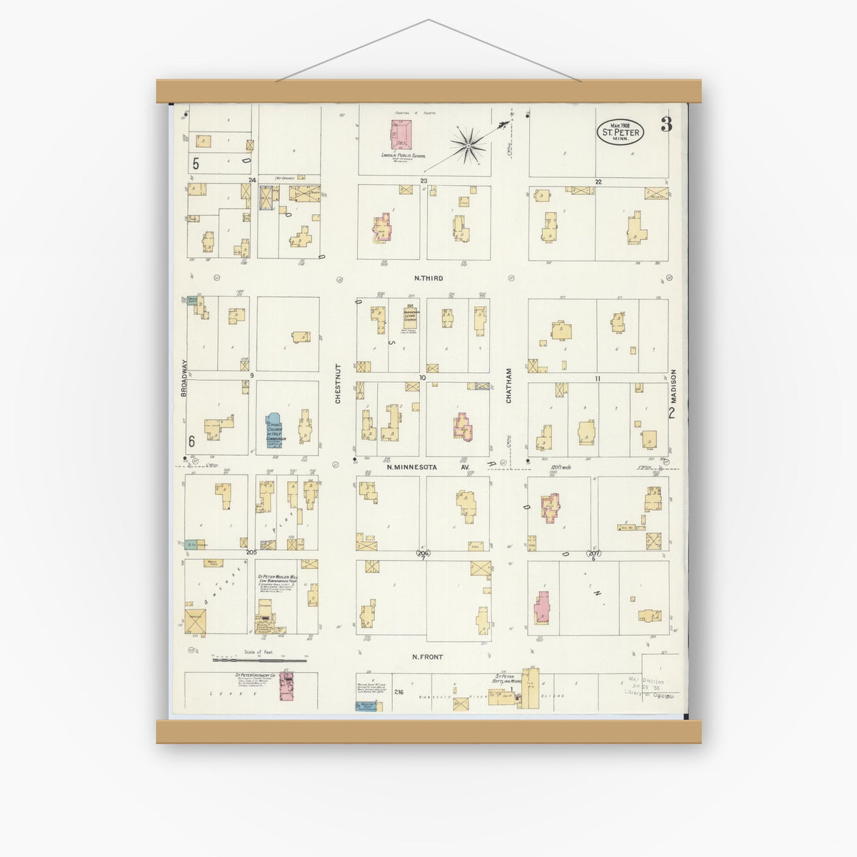 Old map wall art mockup — magnetic wood frame on white wall — Sanborn Fire Insurance Map from Saint Peter, Nicollet County, Minnesota (1908), Sheet #0003