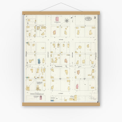 Old map wall art mockup — magnetic wood frame on white wall — Sanborn Fire Insurance Map from Saint Peter, Nicollet County, Minnesota (1908), Sheet #0003