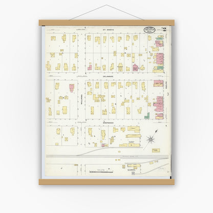Old map wall art mockup — magnetic wood frame on white wall — Sanborn Fire Insurance Map from Decatur, Van Buren County, Michigan (1908), Sheet #0002