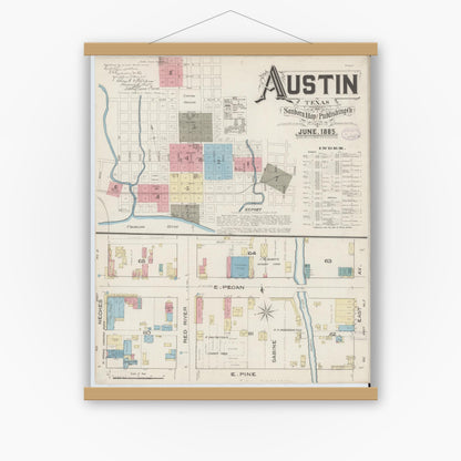 Old map wall art mockup — magnetic wood frame on white wall — Sanborn Fire Insurance Map from Austin, Travis County, Texas (1885) - Complete Map Set