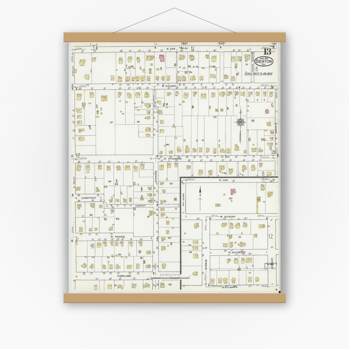 Old map wall art mockup — magnetic wood frame on white wall — Sanborn Fire Insurance Map from Denton, Denton County, Texas (1921), Sheet #0013