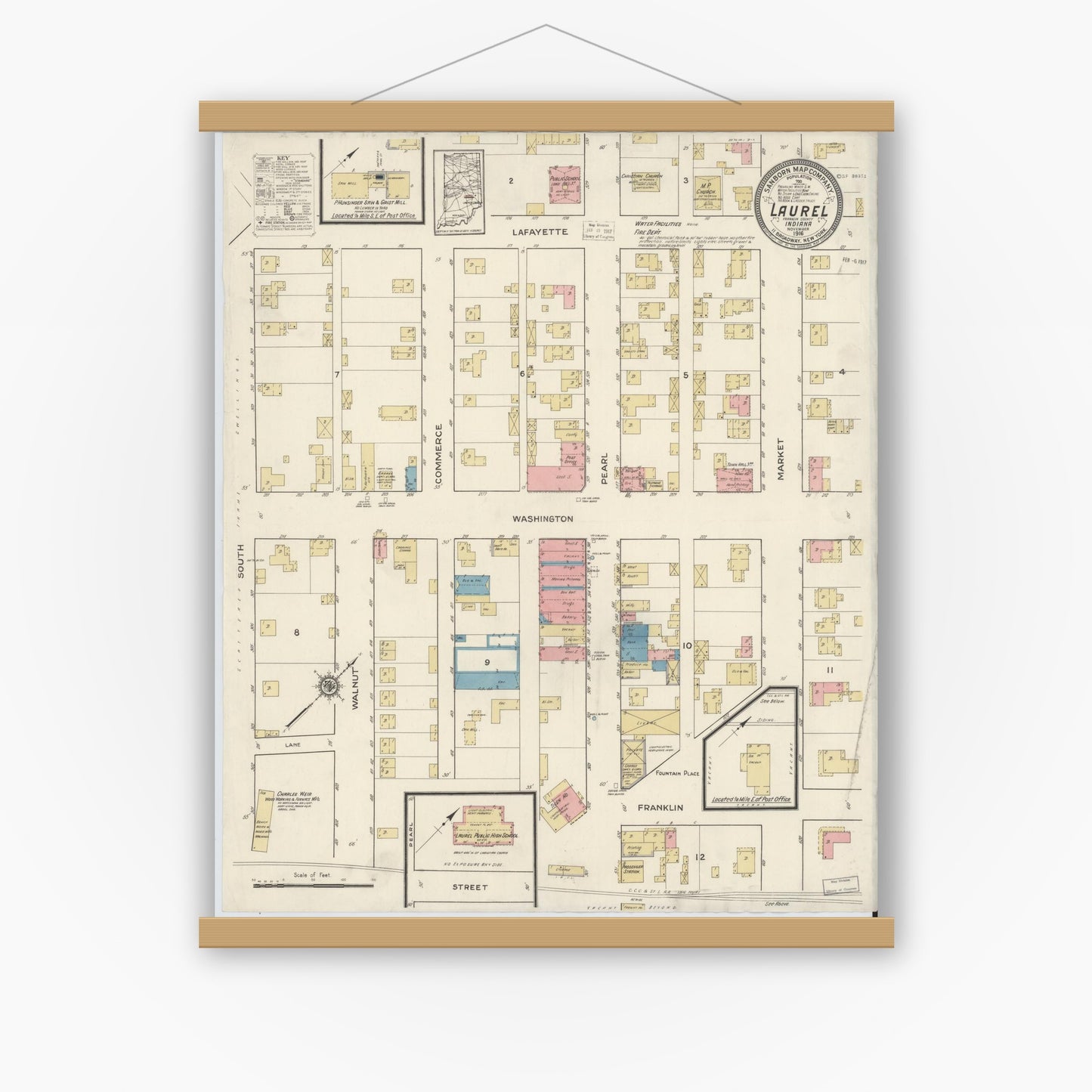 Old map wall art mockup — magnetic wood frame on white wall — Sanborn Fire Insurance Map from Laurel, Franklin County, Indiana (1916), Sheet #0001