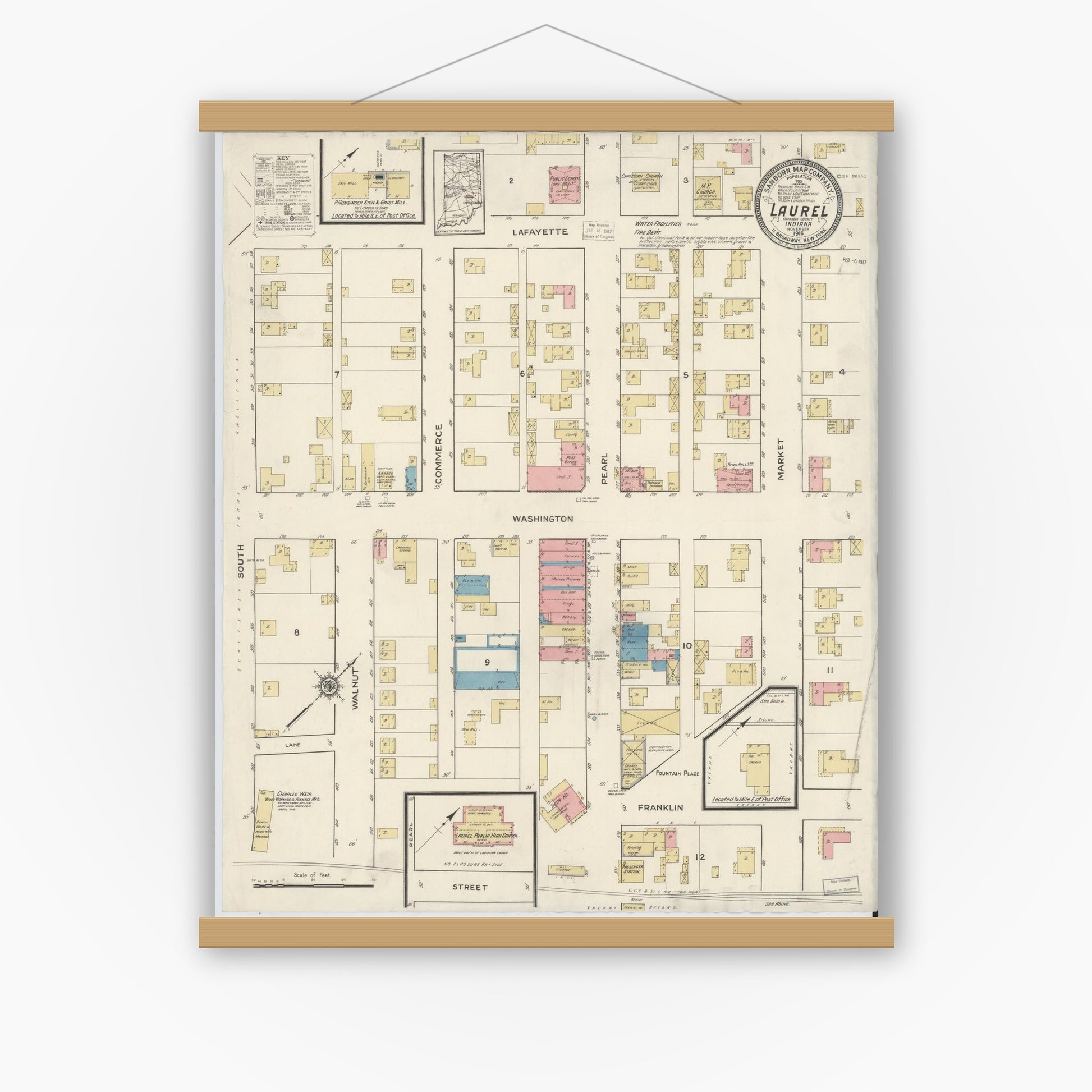 Old map wall art mockup — magnetic wood frame on white wall — Sanborn Fire Insurance Map from Laurel, Franklin County, Indiana (1916), Sheet #0001