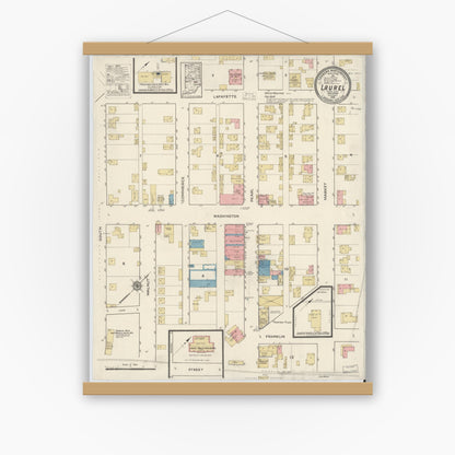 Old map wall art mockup — magnetic wood frame on white wall — Sanborn Fire Insurance Map from Laurel, Franklin County, Indiana (1916), Sheet #0001