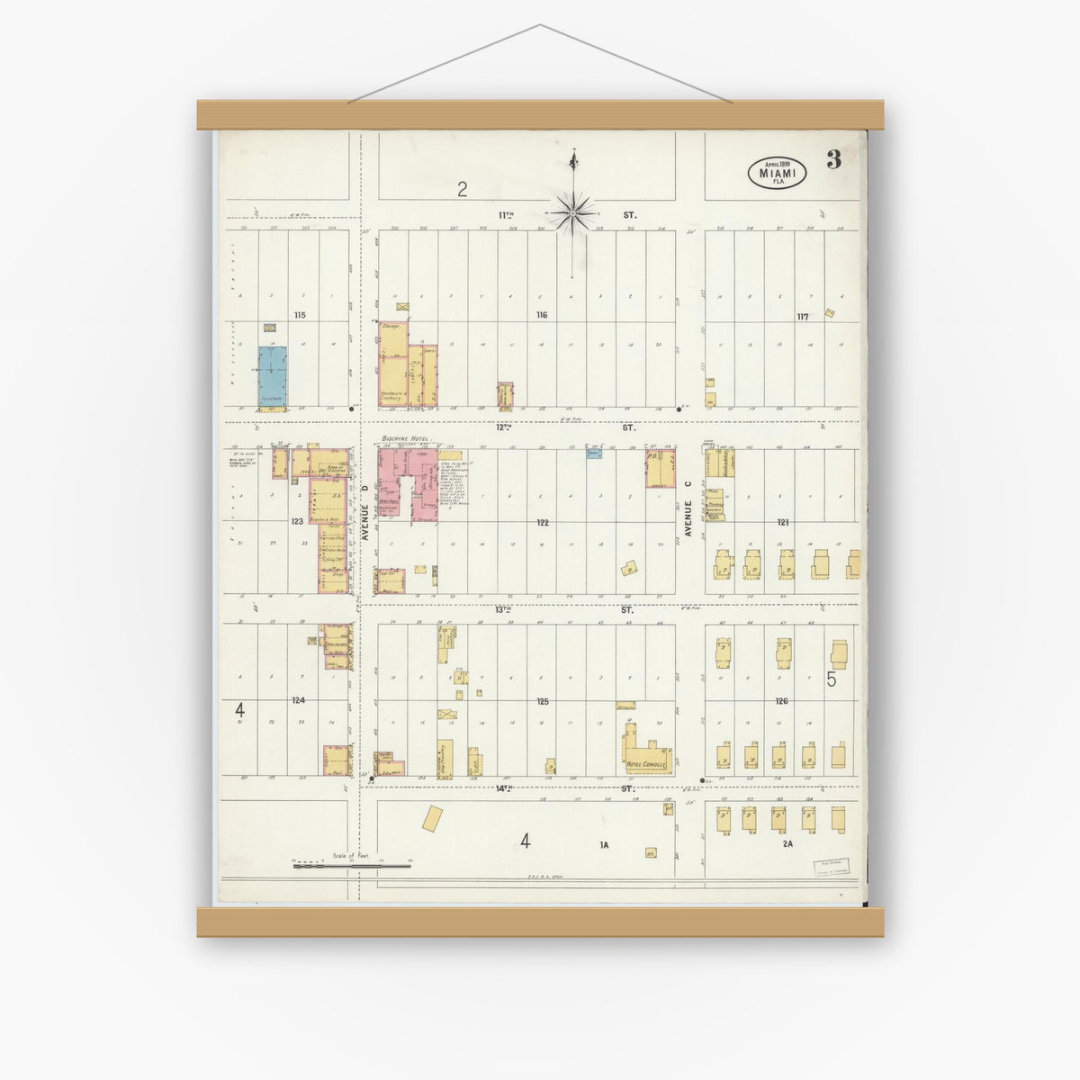 Old map wall art mockup — magnetic wood frame on white wall — Sanborn Fire Insurance Map from Miami, Dade County, Florida (1899), Sheet #0003