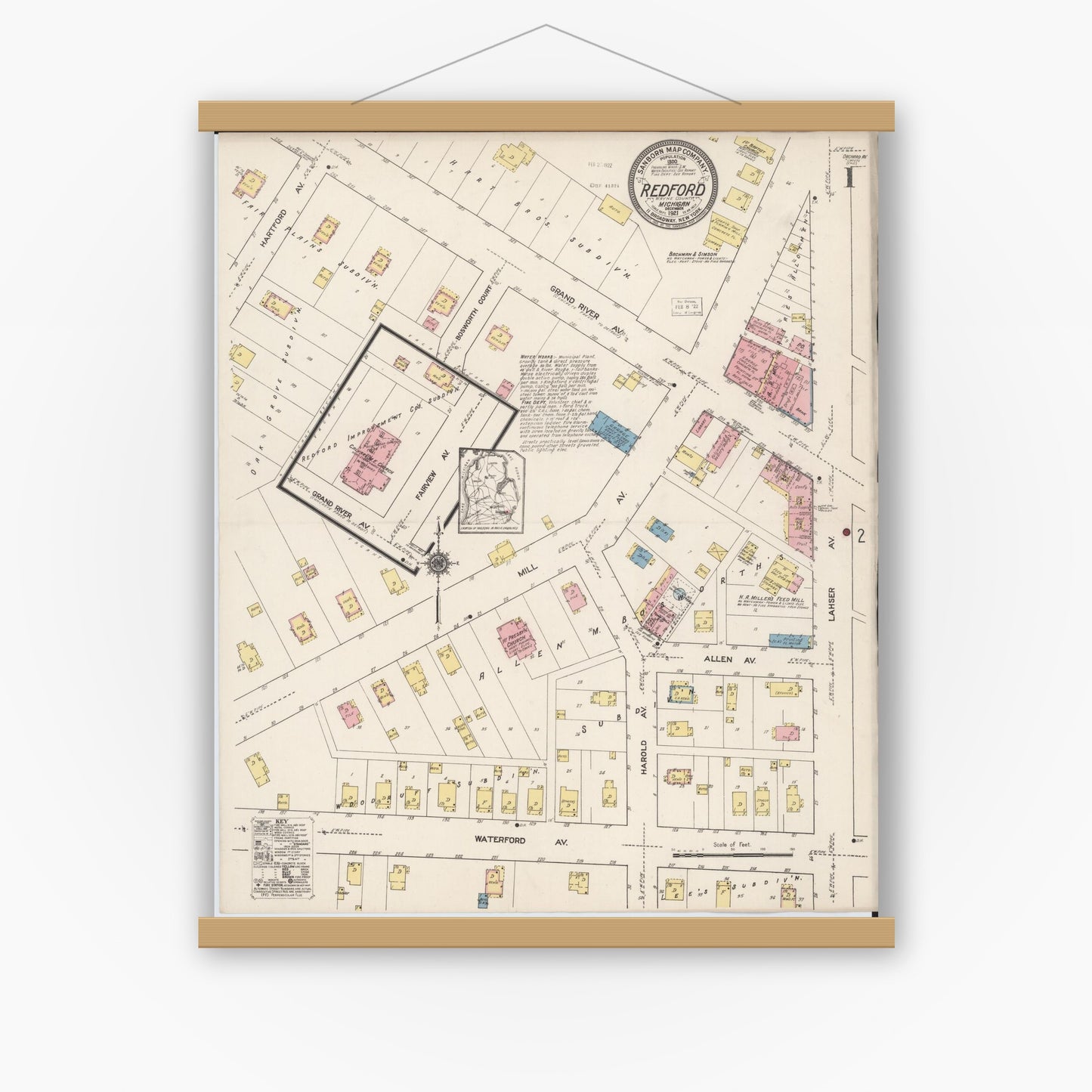 Old map wall art mockup — magnetic wood frame on white wall — Sanborn Fire Insurance Map from Redford, Wayne County, Michigan (1921) - Complete Map Set