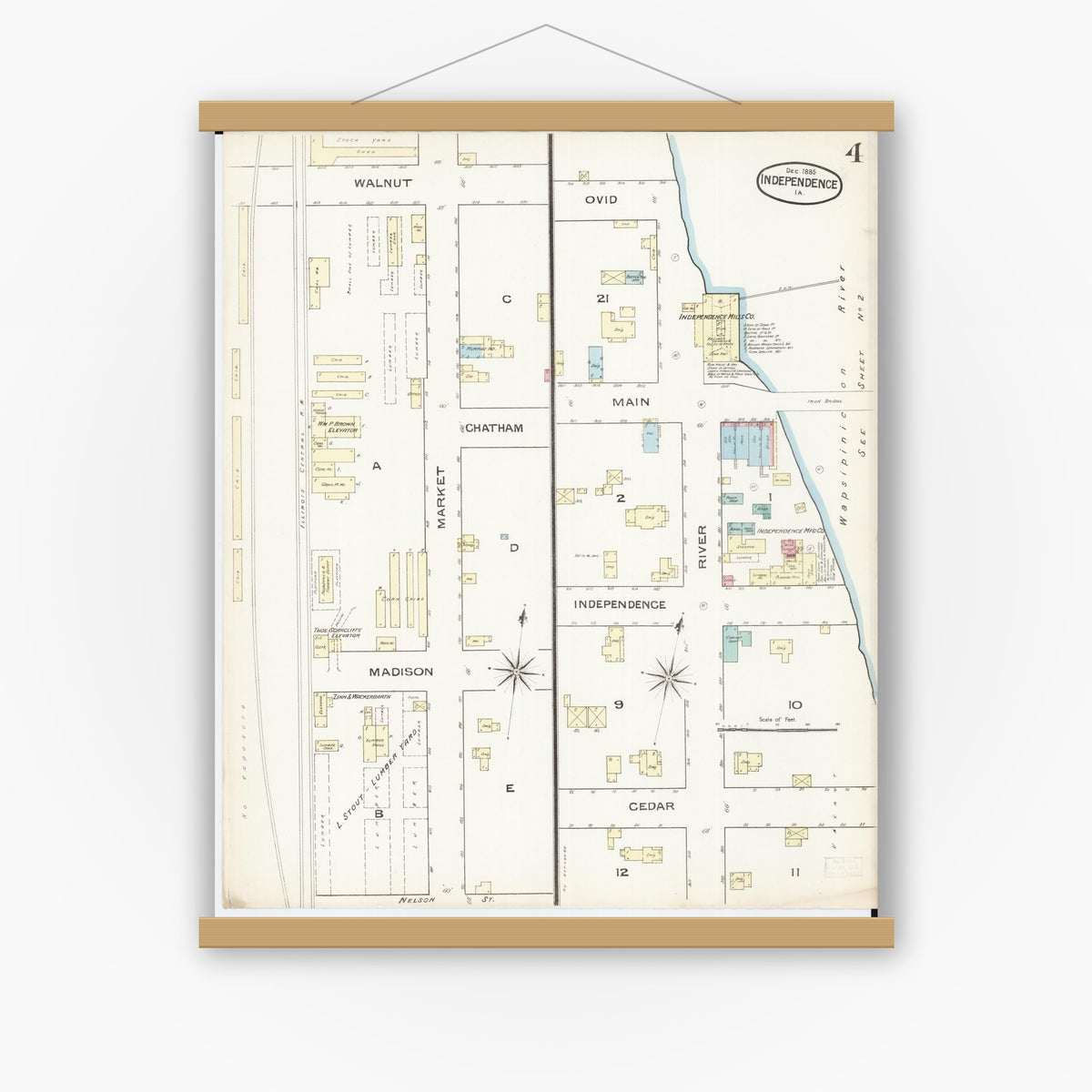 Old map wall art mockup — magnetic wood frame on white wall — Sanborn Fire Insurance Map from Independence, Buchanan County, Iowa (1885), Sheet #0004