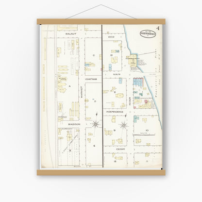 Old map wall art mockup — magnetic wood frame on white wall — Sanborn Fire Insurance Map from Independence, Buchanan County, Iowa (1885), Sheet #0004