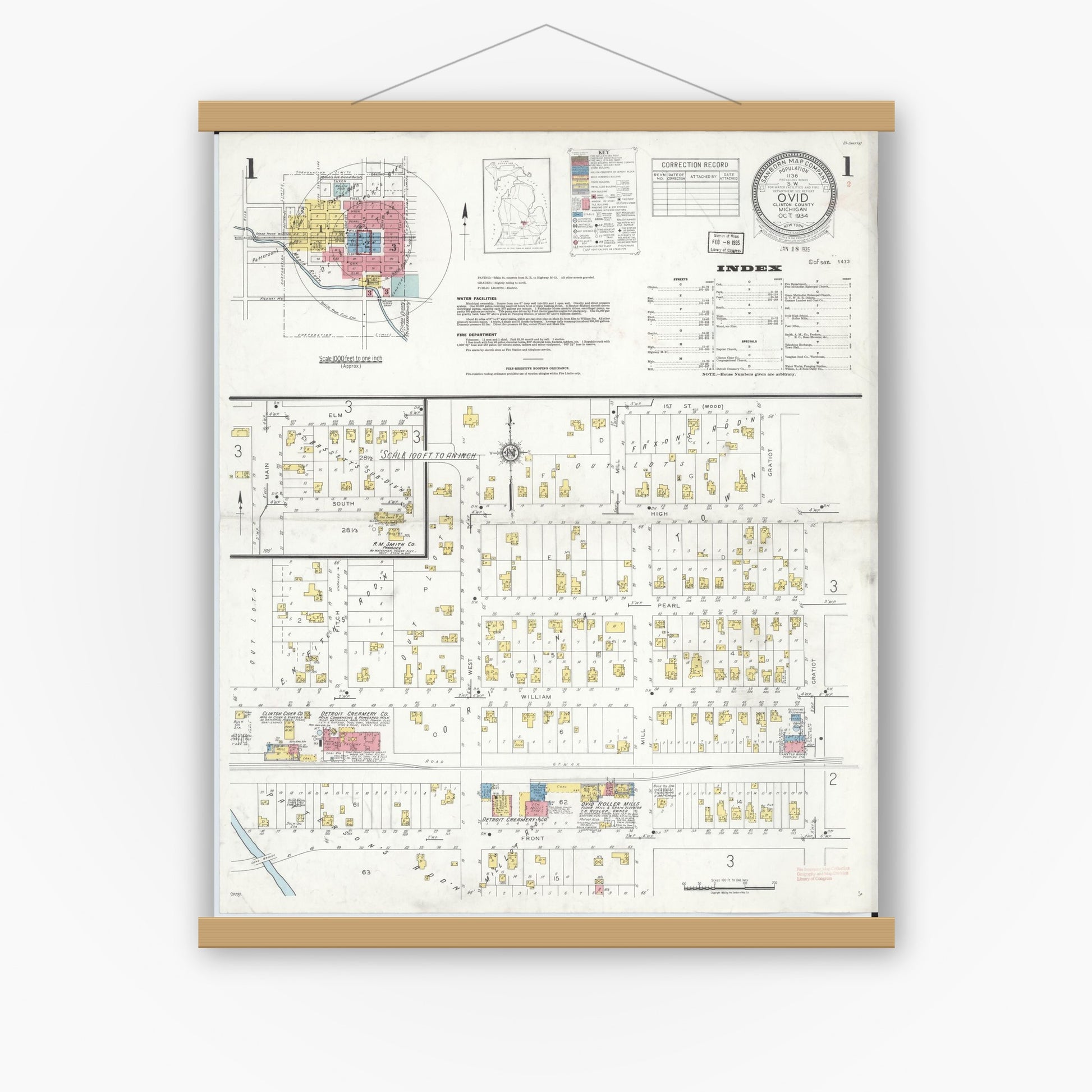 Old map wall art mockup — magnetic wood frame on white wall — Sanborn Fire Insurance Map from Ovid, Clinton County, Michigan (1934) - Complete Map Set
