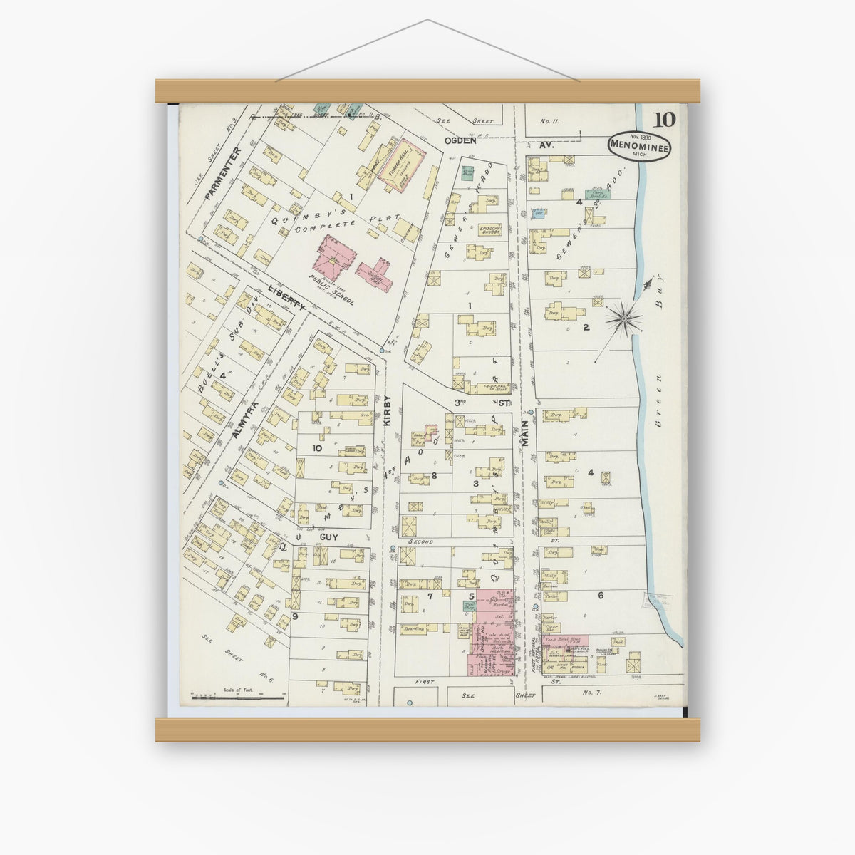Old map wall art mockup — magnetic wood frame on white wall — Sanborn Fire Insurance Map from Menominee, Menominee County, Michigan (1890), Sheet #0010
