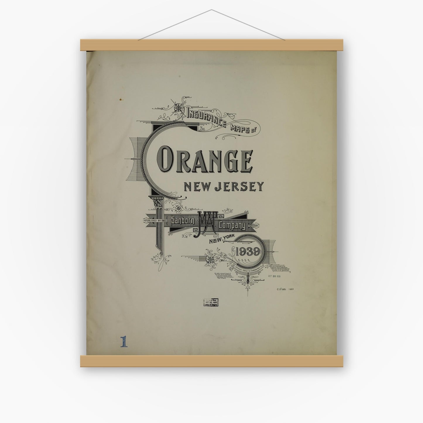 Old map wall art mockup — magnetic wood frame on white wall — Sanborn Fire Insurance Map from Orange, Essex County, New Jersey (1939), Sheet #0001