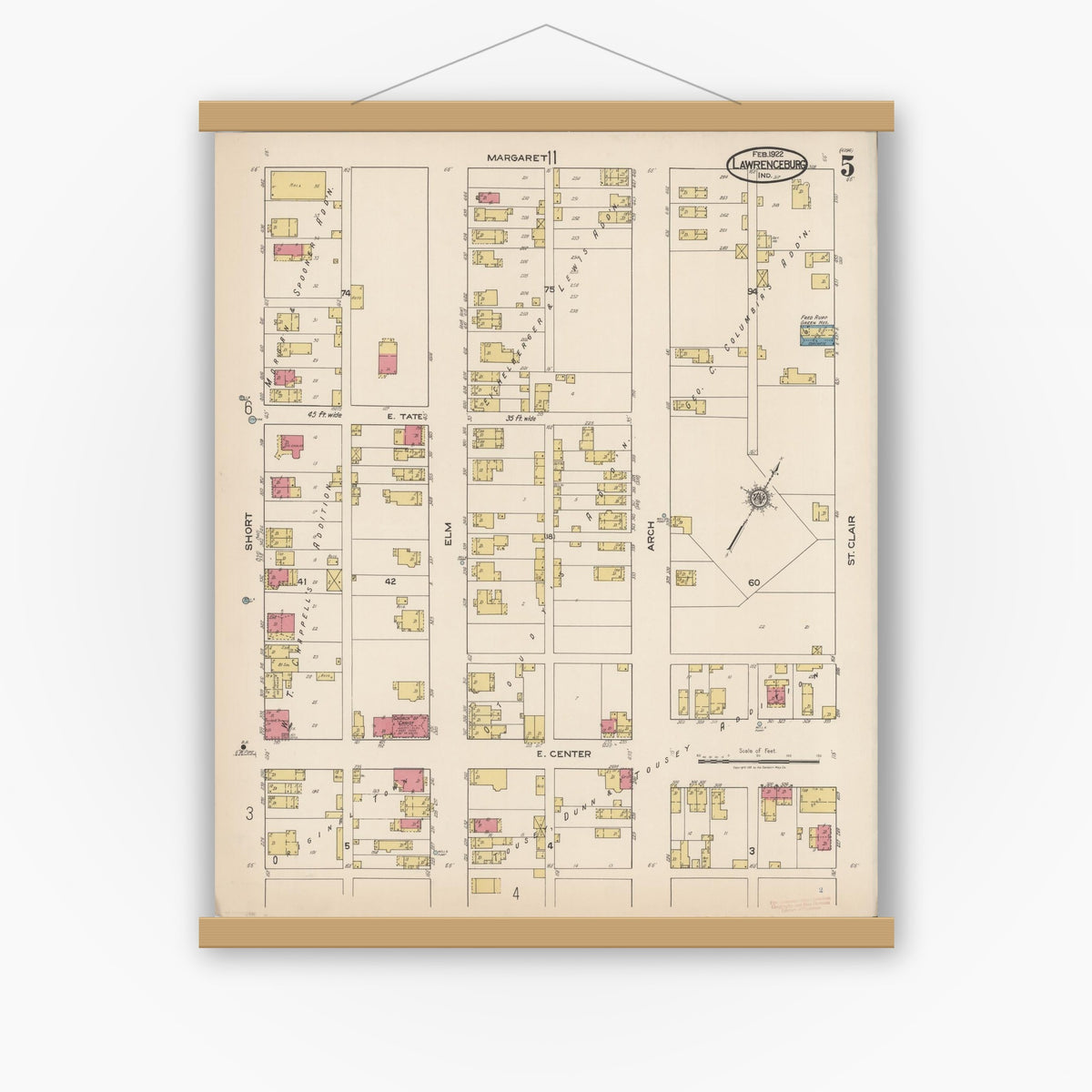 Old map wall art mockup — magnetic wood frame on white wall — Sanborn Fire Insurance Map from Lawrenceburg, Dearborn County, Indiana (1922), Sheet #0005