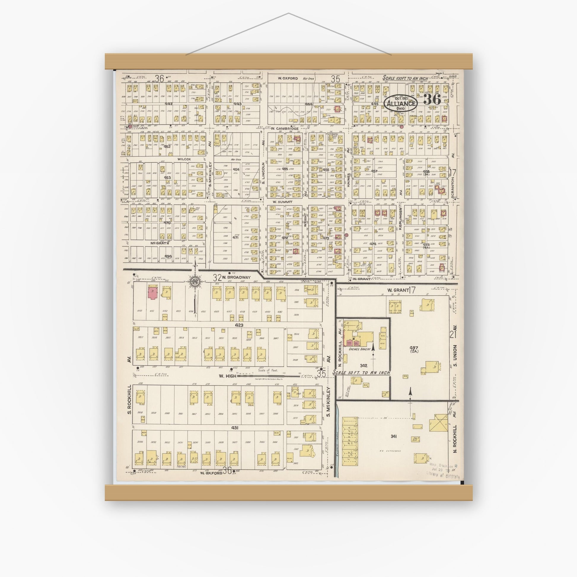 Old map wall art mockup — magnetic wood frame on white wall — Sanborn Fire Insurance Map from Alliance, Stark County, Ohio (1921), Sheet #0036