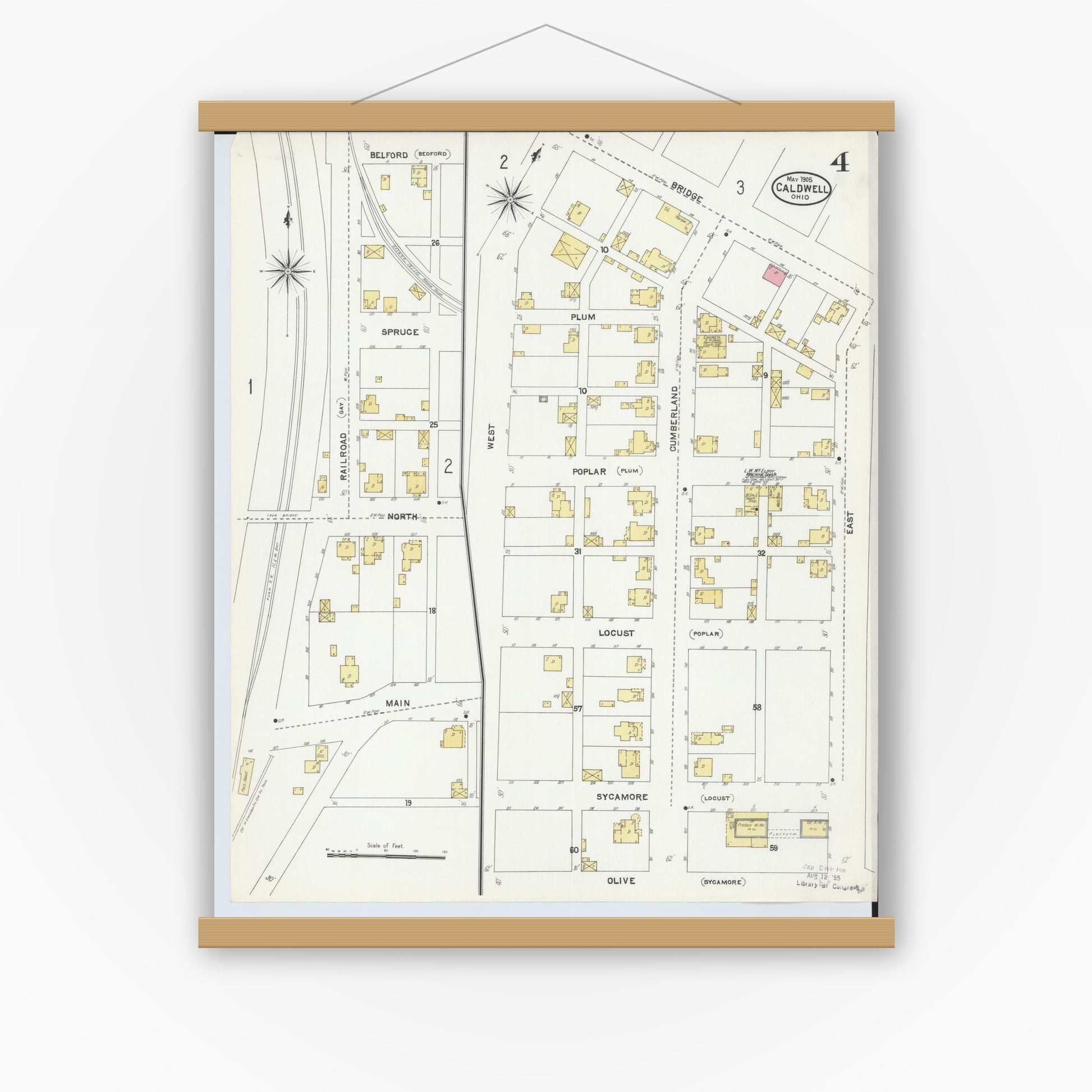 Old map wall art mockup — magnetic wood frame on white wall — Sanborn Fire Insurance Map from Caldwell, Noble County, Ohio (1905), Sheet #0004