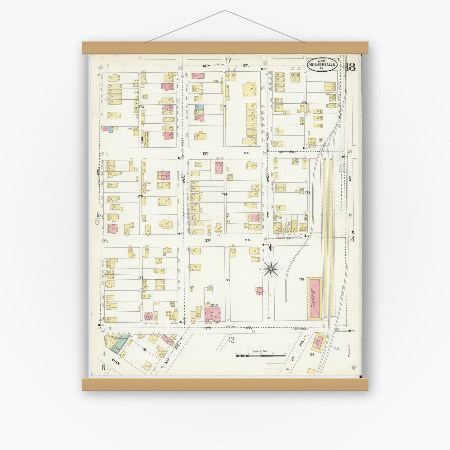Old map wall art mockup — magnetic wood frame on white wall — Sanborn Fire Insurance Map from Beaver Falls, Beaver County, Pennsylvania (1907), Sheet #0018