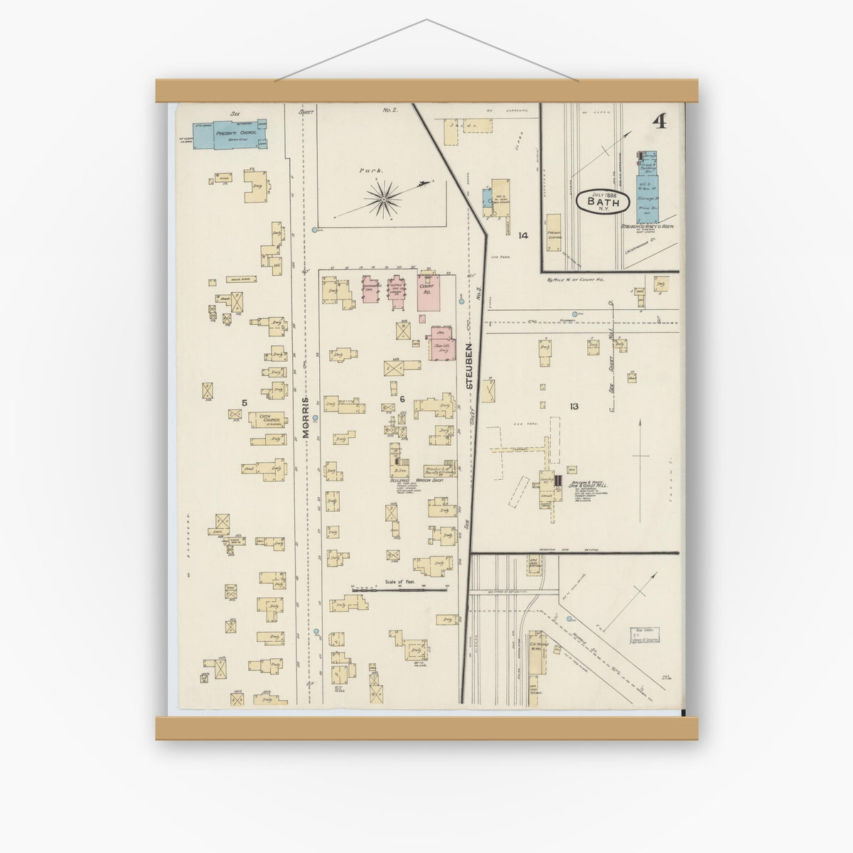 Old map wall art mockup — magnetic wood frame on white wall — Sanborn Fire Insurance Map from Bath, Steuben County, New York (1888), Sheet #0004