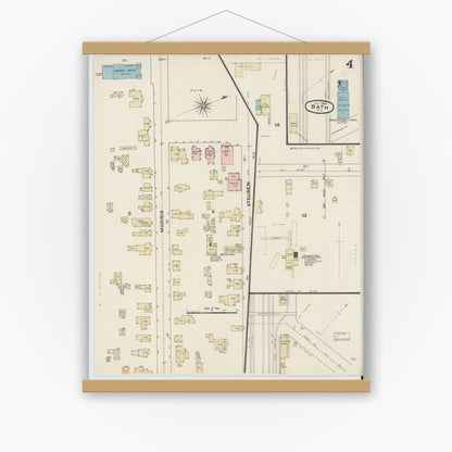 Old map wall art mockup — magnetic wood frame on white wall — Sanborn Fire Insurance Map from Bath, Steuben County, New York (1888), Sheet #0004