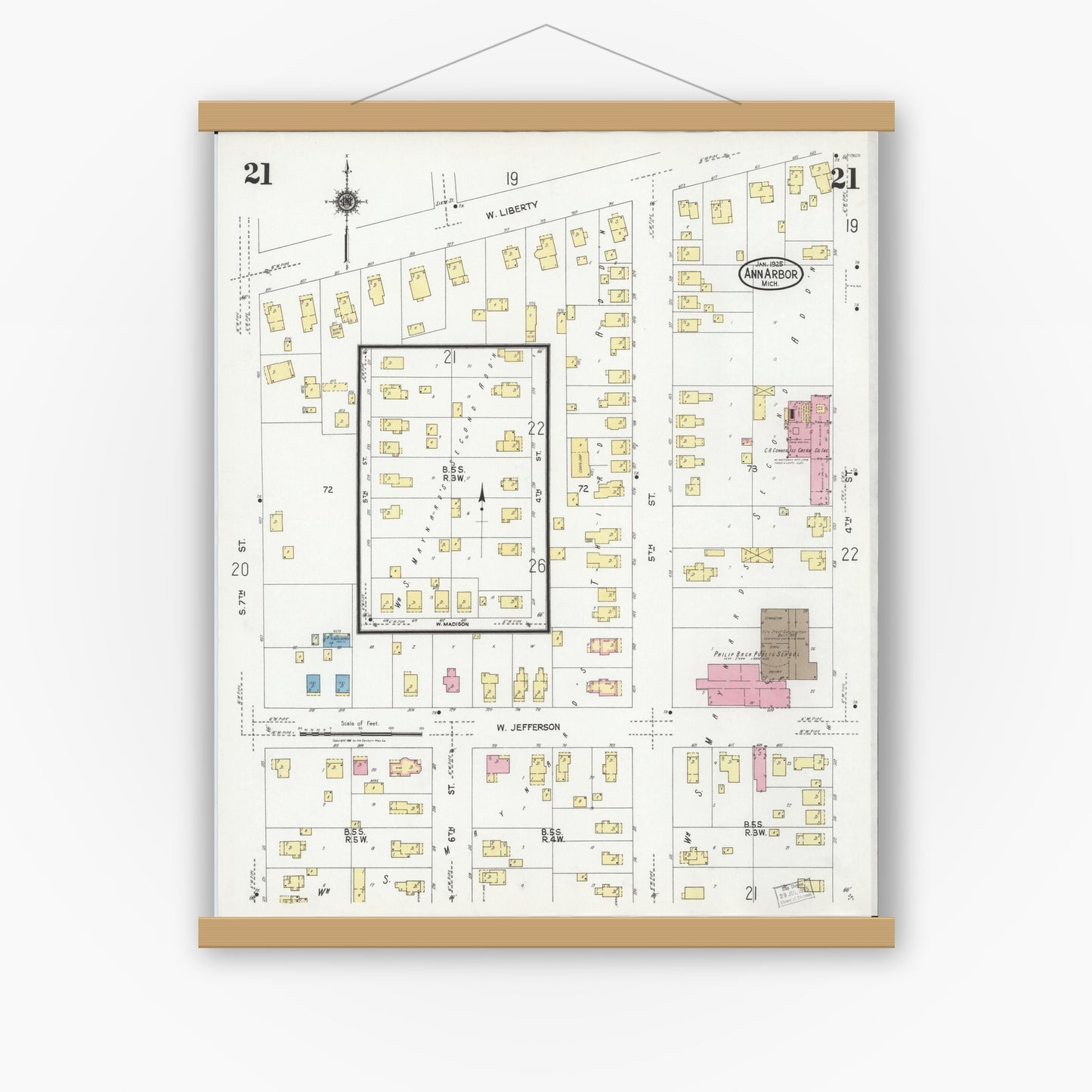 Old map wall art mockup — magnetic wood frame on white wall — Sanborn Fire Insurance Map from Ann Arbor, Washtenaw County, Michigan (1925), Sheet #0021