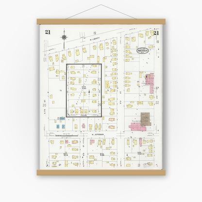 Old map wall art mockup — magnetic wood frame on white wall — Sanborn Fire Insurance Map from Ann Arbor, Washtenaw County, Michigan (1925), Sheet #0021