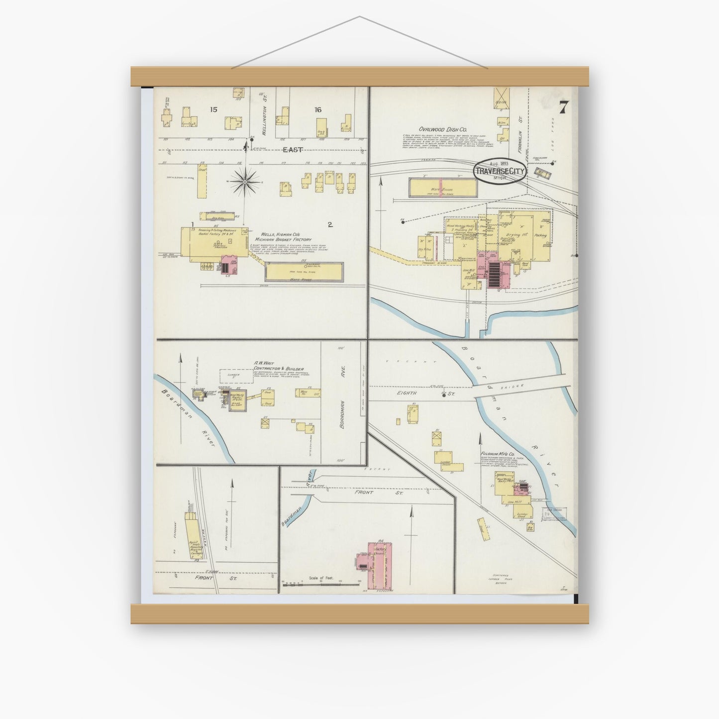 Old map wall art mockup — magnetic wood frame on white wall — Sanborn Fire Insurance Map from Traverse City, Grand Traverse County, Michigan (1893), Sheet #0007