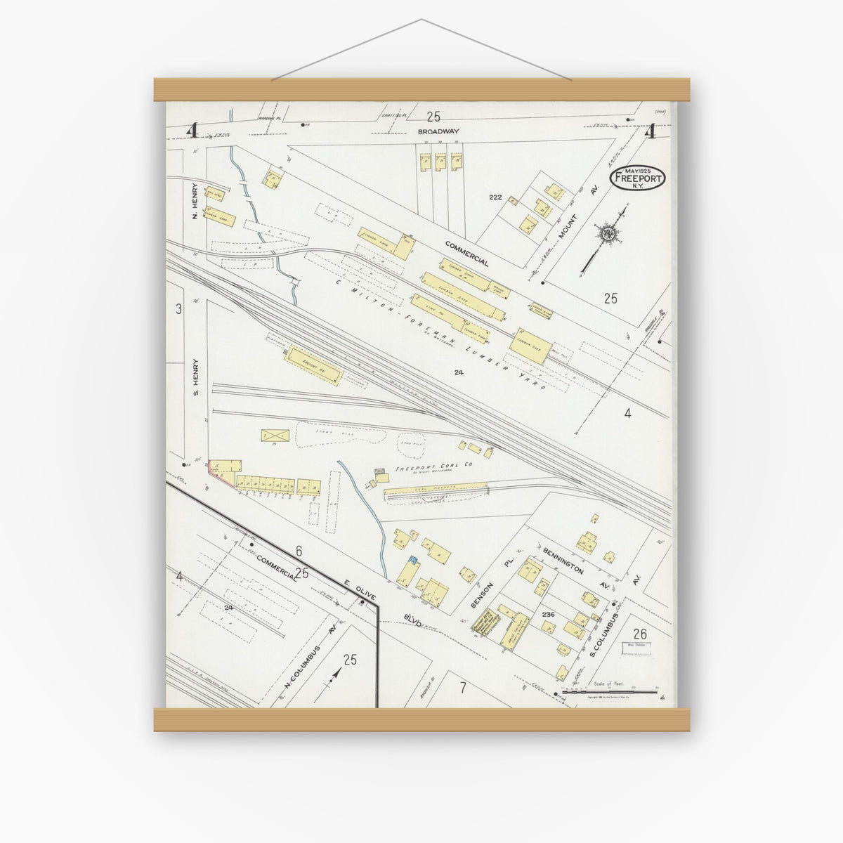 Old map wall art mockup — magnetic wood frame on white wall — Sanborn Fire Insurance Map from Freeport, Nassau County, New York (1925), Sheet #0004