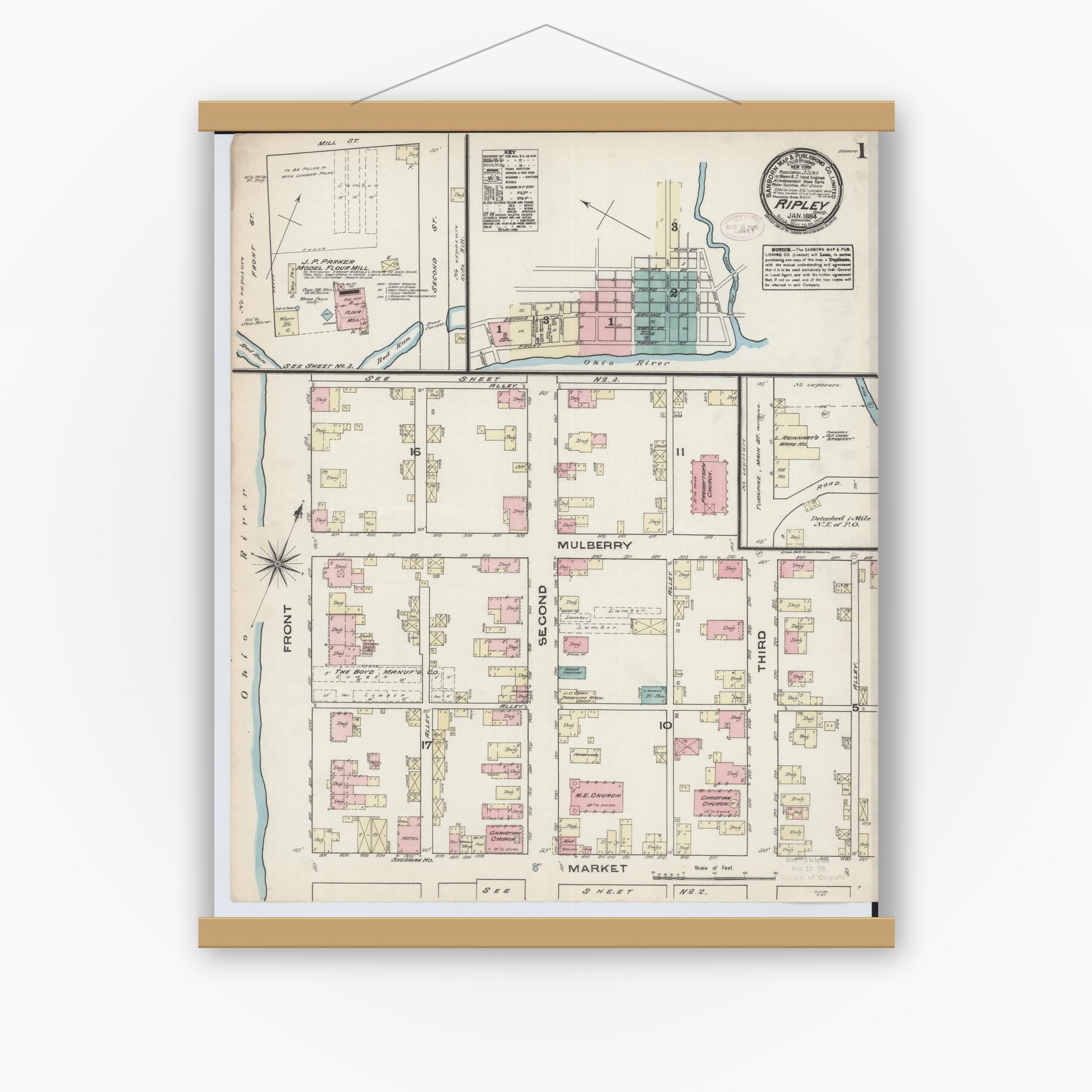 Old map wall art mockup — magnetic wood frame on white wall — Sanborn Fire Insurance Map from Ripley, Brown County, Ohio (1884) - Complete Map Set