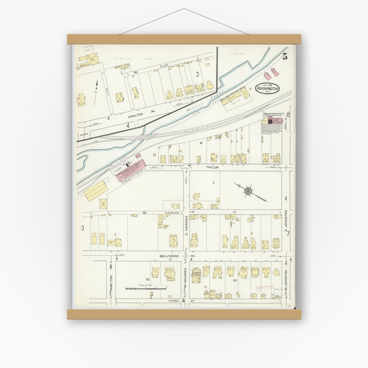 Old map wall art mockup — magnetic wood frame on white wall — Sanborn Fire Insurance Map from Washington, Warren County, New Jersey (1914), Sheet #0005