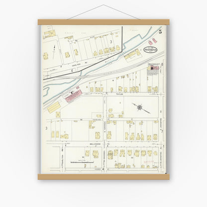 Old map wall art mockup — magnetic wood frame on white wall — Sanborn Fire Insurance Map from Washington, Warren County, New Jersey (1914), Sheet #0005