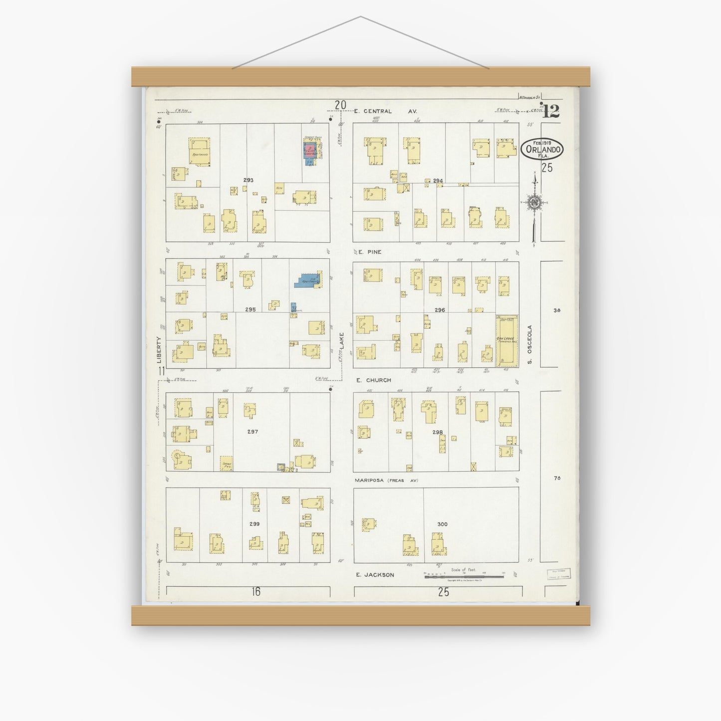 Old map wall art mockup — magnetic wood frame on white wall — Sanborn Fire Insurance Map from Orlando, Orange County, Florida (1919), Sheet #0012