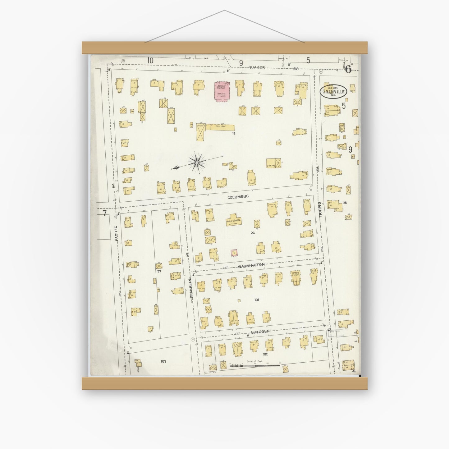 Old map wall art mockup — magnetic wood frame on white wall — Sanborn Fire Insurance Map from Granville, Washington County, New York (1904), Sheet #0006