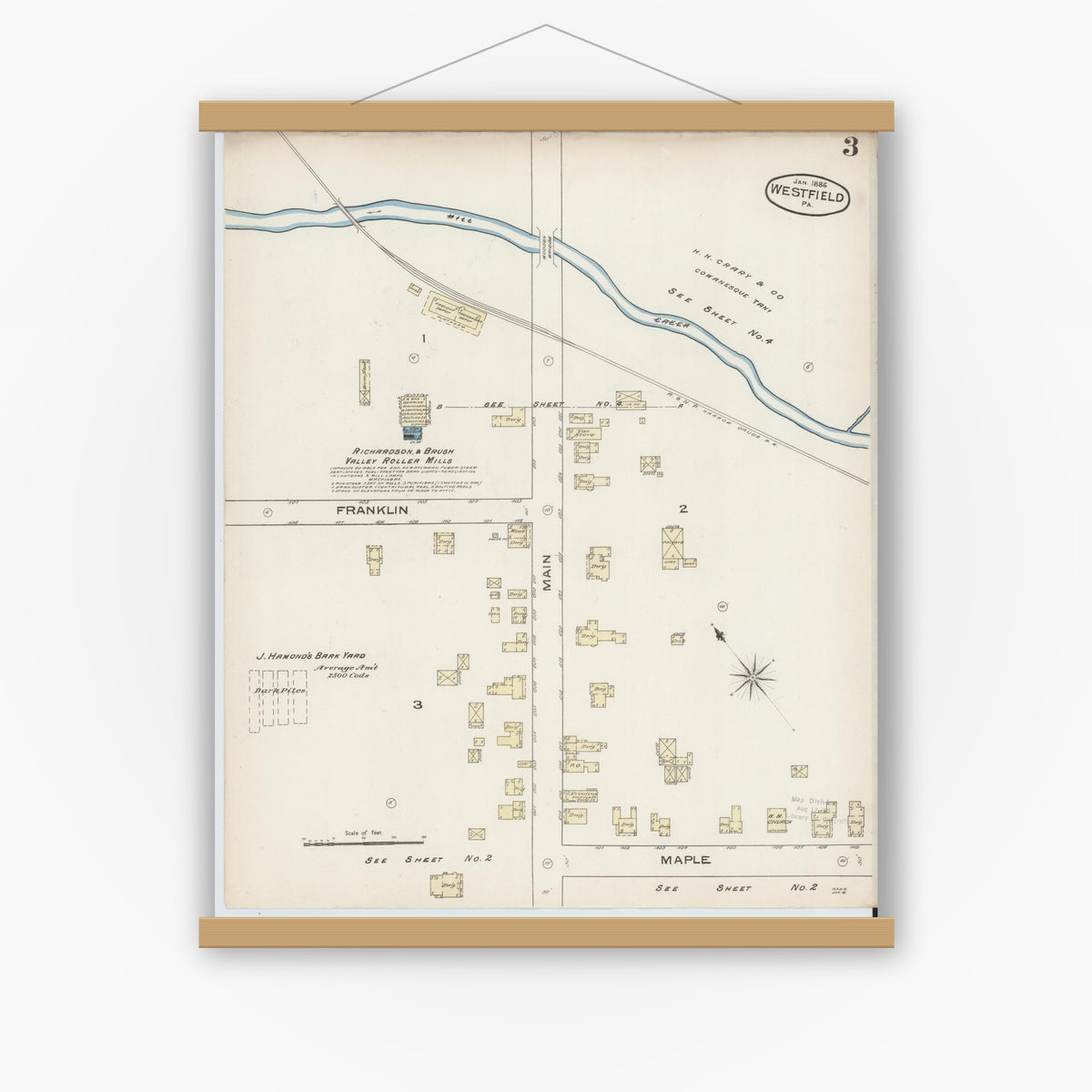 Old map wall art mockup — magnetic wood frame on white wall — Sanborn Fire Insurance Map from Westfield, Tioga County, Pennsylvania (1886), Sheet #0003